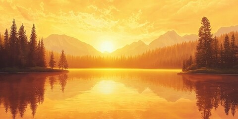 A tranquil lake reflecting a warm, golden-hued sky just before sunset