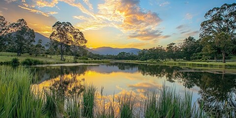A tranquil lake reflecting a warm, golden-hued sky just before sunset