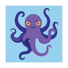 Fototapeta premium Friendly purple octopus illustration with curious eyes and tentacles on a bright blue background