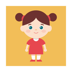 Cute cartoon little girl with red dress and hair buns standing against yellow background