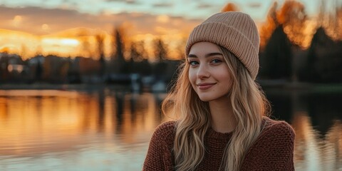 A tranquil lake reflecting the warm hues of a golden sunset