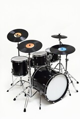 Drum kit on white background. Drum cymbals in the form of vinyl records