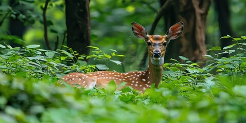 A tranquil moment of deer resting under dense foliage in a lush green forest