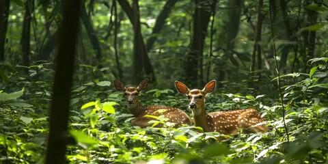 A tranquil moment of deer resting under dense foliage in a lush green forest