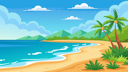 Obraz premium Serene Tropical Beach Landscape. Palm Trees. Ocean. and Sandy Shores