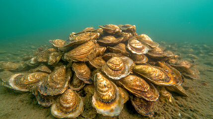 Underwater oyster aggregation, forming a natural reef. Marine ecosystem, biodiversity, and coastal conservation concept. Habitat for sea life.