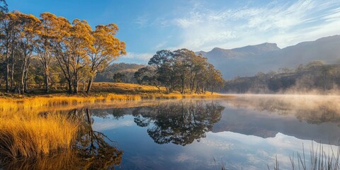 A tranquil mountain lake with mist hovering above the water, reflecting the trees and sky