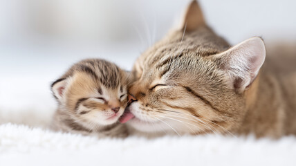 Mother cat gently licking her tiny kitten showing love and care