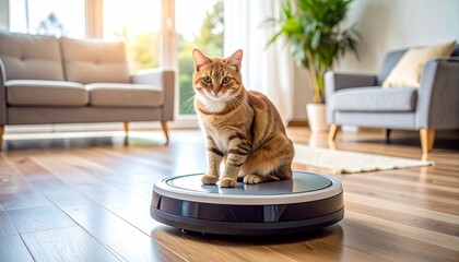 An Orange Tabby Cat Sitting Atop a Circular Robotic Vacuum Cleaner in a Living Room