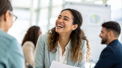 Female Engineer Laughs During Code Discussion in Diverse Team Setting
