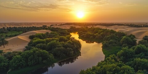 A tranquil oasis at sunset, with golden sand dunes surrounding the lush greenery