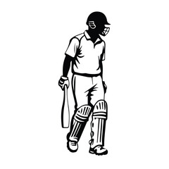 A male cricketer in protective gear, holding a bat, positioned in a stance, on a plain white background. Professional cricket player in protective gear, standing ready for a match.