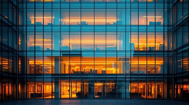 A modern glass building with illuminated interior and a grid pattern of windows at night time