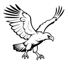 Obraz premium Majestic eagle in flight with outstretched wings, a powerful symbol of freedom and strength. Black and white design suitable for logos and other graphic design elements.
