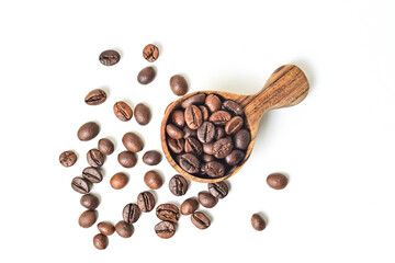 Top view of roasted coffee beans in little wooden spoon. isolated on white background. Clipping path. Scattered. Cut out. Close up. High angle. Above.