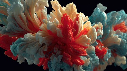 Abstract swirls of vibrant color, resembling organic forms.  Intricate patterns of orange, red, and light blue blend seamlessly