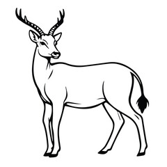 Obraz premium Black and white line drawing of a deer with antlers and a tail. Side view of the animal, standing alert and facing to the right.