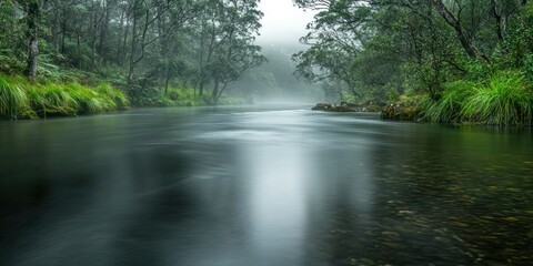 A tranquil river disappearing into the mist, creating a surreal and peaceful scene