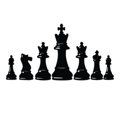 Chess pieces silhouette in a strategic formation on a plain background. A collection of chess pieces in a classic lineup, ready for competition.