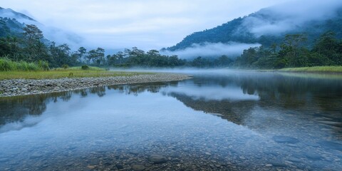 A tranquil river disappearing into the mist, creating a surreal and peaceful scene
