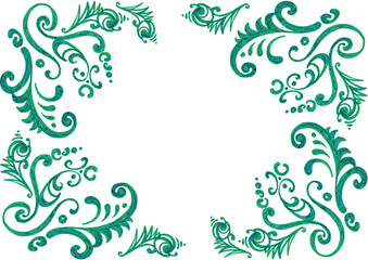 Frame of patterns coming out of the corners and forming a frame around all edges of the background. The pattern consists of various decorative elements. Turquoise color and shades. White copy space.