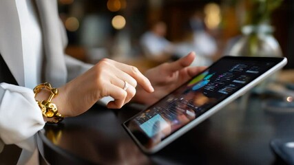 Elegant hands using a touchpad for financial reports analysis - Powered by Adobe