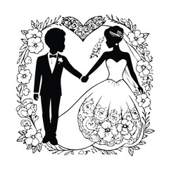 Black and white silhouette of a diverse couple in wedding attire, standing hand-in-hand within a floral wreath. Interracial wedding silhouette in a floral frame with a heart shape in the center.