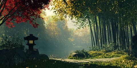 A tranquil Zen-like setting deep in a bamboo grove, with rustling leaves in the breeze