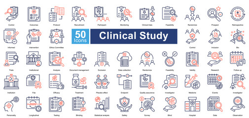 Clinical Study icon set in dual tone style, featuring 50 icons on clinical trials, research protocols, data analysis, and patient monitoring. Ideal for medical research, healthcare, and pharmaceuti