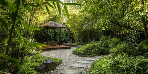 A tranquil Zen-like setting deep in a bamboo grove, with rustling leaves in the breeze