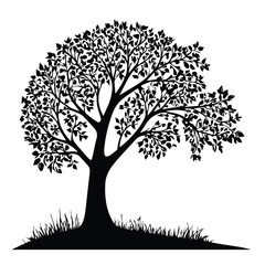Black silhouette of a tree with detailed leaves and a grassy base. Silhouette of a tree against a white background with detailed leaves and a base of grass.