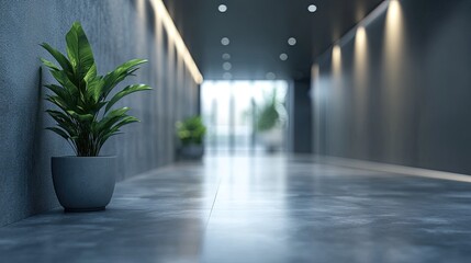 A potted plant sits in a modern hallway with recessed lighting and a polished concrete floor view inside