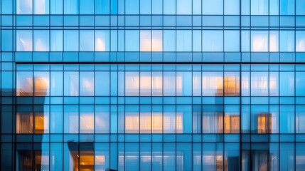 A close up view of a modern building facade with glass windows and visible interior lighting