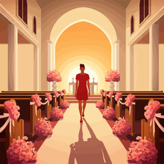 Woman Walking Down Aisle in Church for Event with Flowers