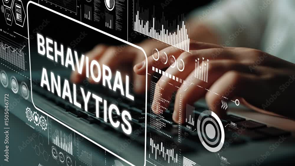 Poster hands typing on keyboard with behavioral analytics data and graphs in the background for digital mar