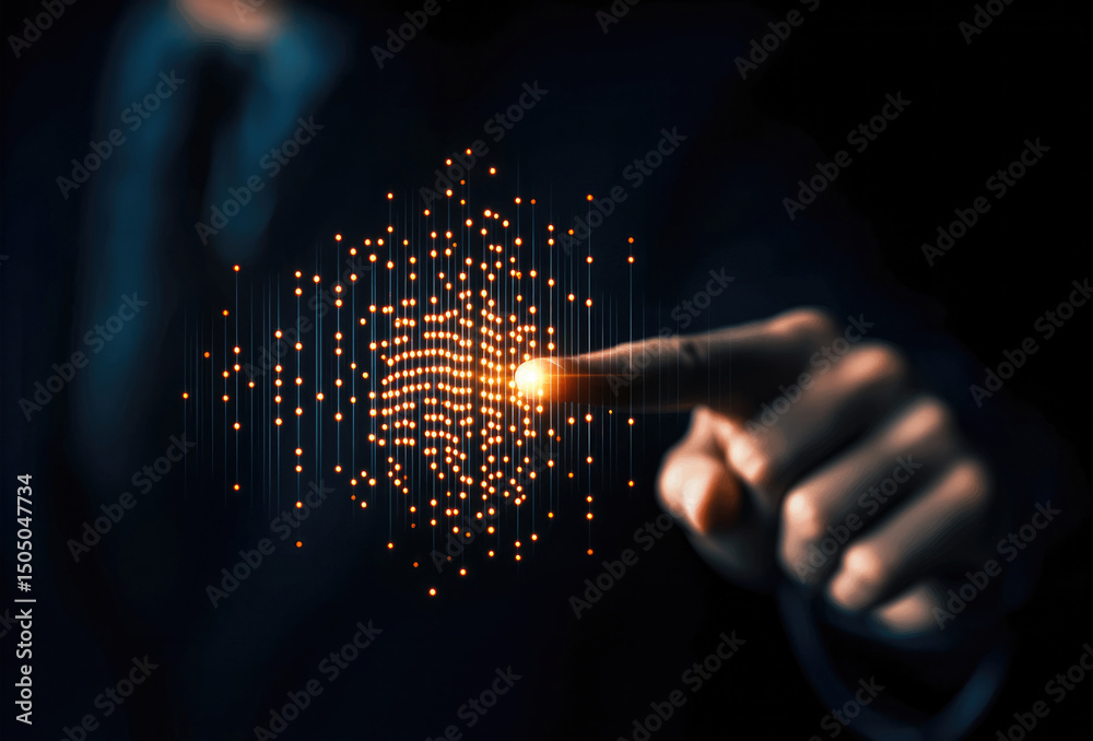Aufkleber businessman suit finger touch digital technology innovation glowing futuristic abstract concept dark