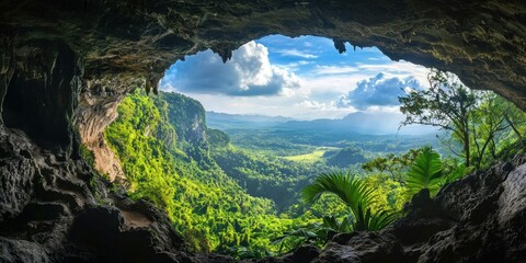 A tropical cave opening revealing a breathtaking forest view beyond