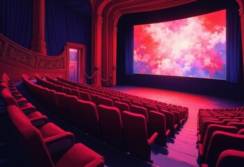 Fototapeta premium Empty cinema seats in a vibrant theater with a colorful screen display