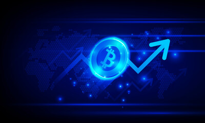 Financial chart with moving up arrow graph bitcoin cryptocurrency technology and world map in stock market on blue color background concept innovation background, vector design