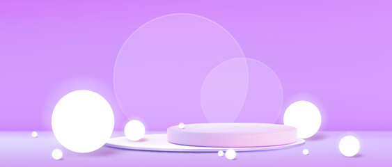 Glowing white spheres around purple circular podium stages - soft illuminated orbs on pastel gradient background. Minimalist 3d composition of elegant abstract geometric shapes for dreamy design.