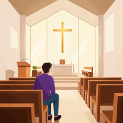 Man Sitting in Church Pews Contemplating Near Altar with Cross