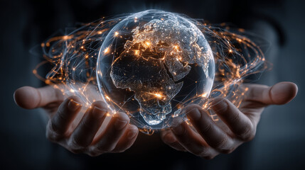 Hands holding globe with network connecting data of processes, compliance standards, reports, insights, evidence, risk management, frameworks, and recommendations related to audit.