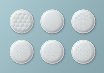 Set of realistic cotton pads with various textures - single round discs. 3d soft sponge with embossed surface. Essential cosmetic accessories for makeup removal, skincare routine mockup.