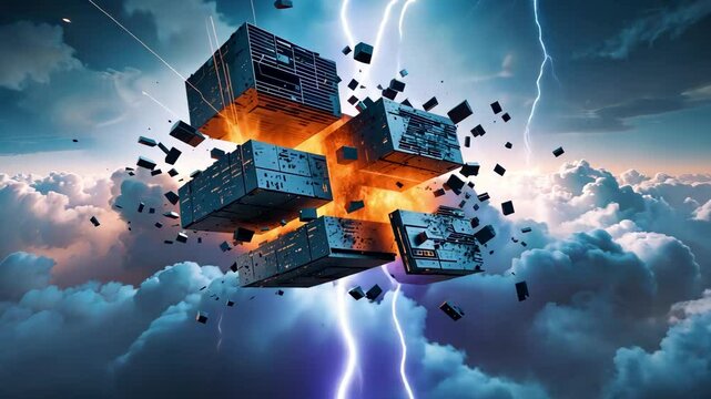 Sci-fi cube structure exploding dramatically mid-air with lightning strikes and clouds in futuristic cinematic digital sky scene
