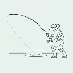 A simple line art of a fisherman casting a line into the water