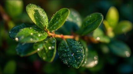 Fresh blueberry leaves glistening with morning dew. Nature's delicate beauty in soft sunlight.
