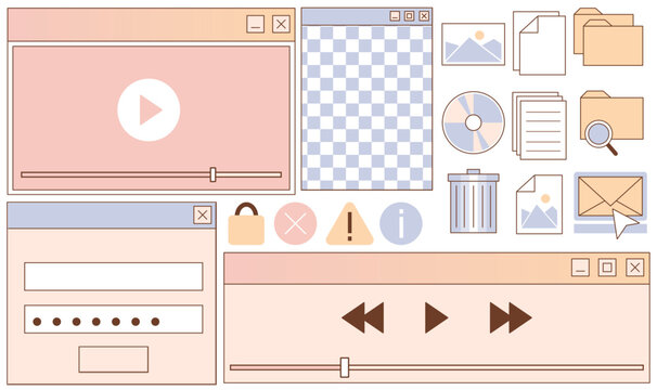 Retro style user interface elements - video player window, music control buttons, icons and symbols, progress bars. Old school, vintage flat vector design kit for 90s inspired website, software mockup