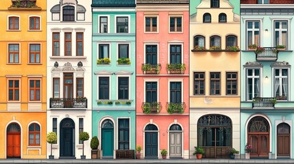 An old European houses facade set, featuring colorful houses of different architectural styles in vector illustrations.  