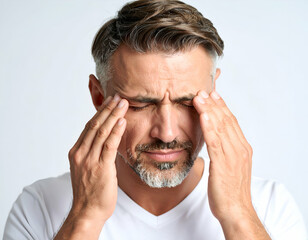 Fototapeta premium Middle-aged man massaging his temples due to stress headache. Studio lighting clear, white background.
