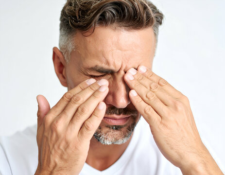 A middle-aged man is rubbing his eyes because some dust got into them.